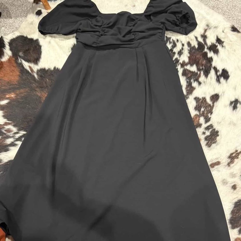 Allegra K Black Ruched Bodice Puff-Sleeve Maxi Dress
